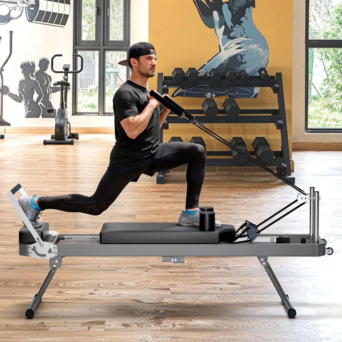 Ye Extra Large Pilates Reformer - Multi-functional Home Fitness Equipment, 395lbs Capacity, with Dynamic Resistance Cords and Aerobic Rebounder, Improves Posture, Builds Strength, Reduces Stress, Black