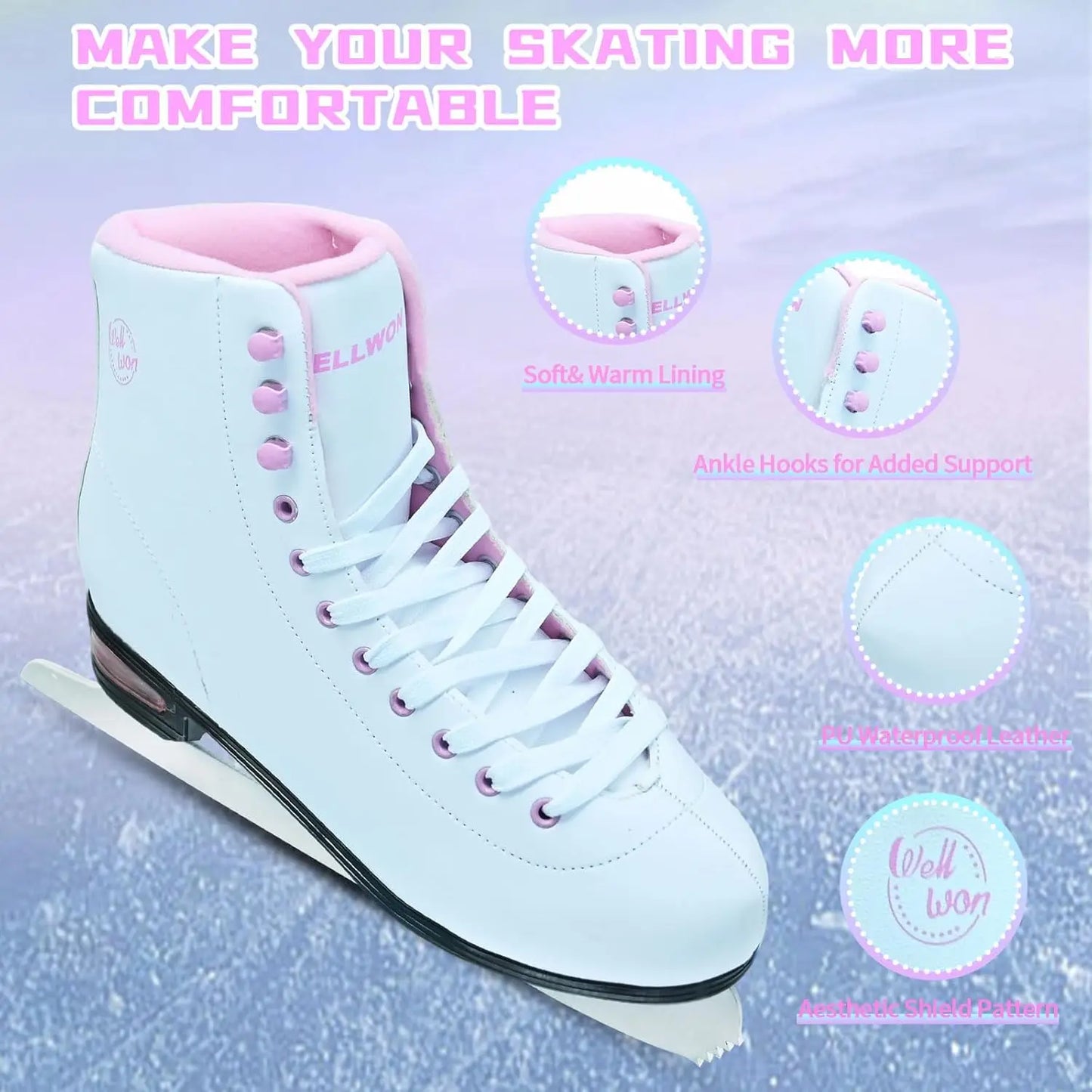 Women's Figure Ice Skates with Air Cushion, White Classic Design for Indoor & Outdoor Use, Sizes 5-10.5