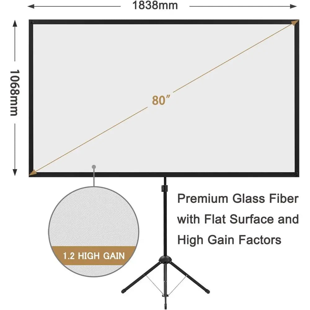 Portable 80 16:9 Outdoor Projector with Stand, Lightweight, Compact, Easy Setup for Home Cinema Entertainment