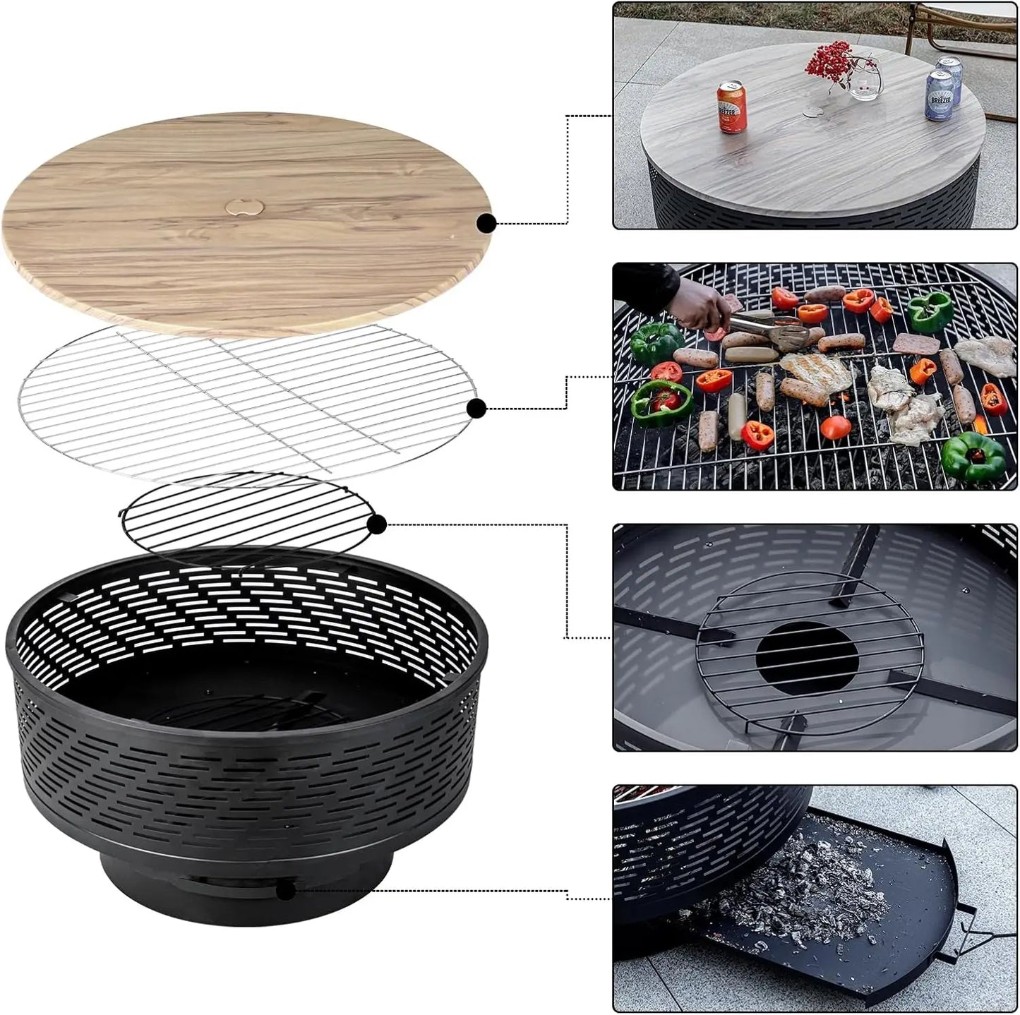 32" Wood Burning Fire Pits with Grill & Lid, Fire Pit Table for Outside with Waterproof Cover & Fire Poker,Table and Bonfire
