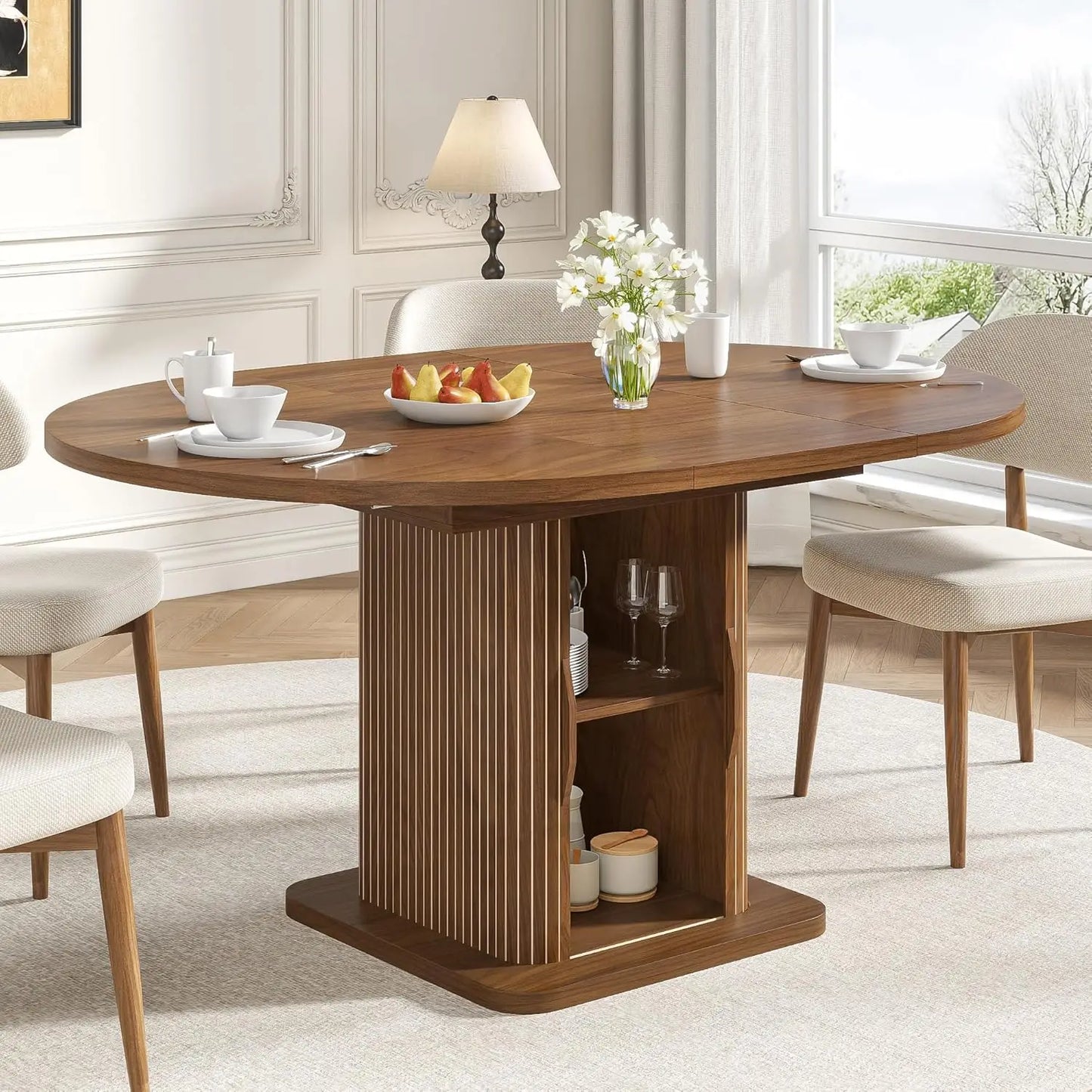 59 Inch Extendable Round Dining Table for 4-6-8 Dining Room Kitchen Table with Storage Fluted Wood Slide Door Customized