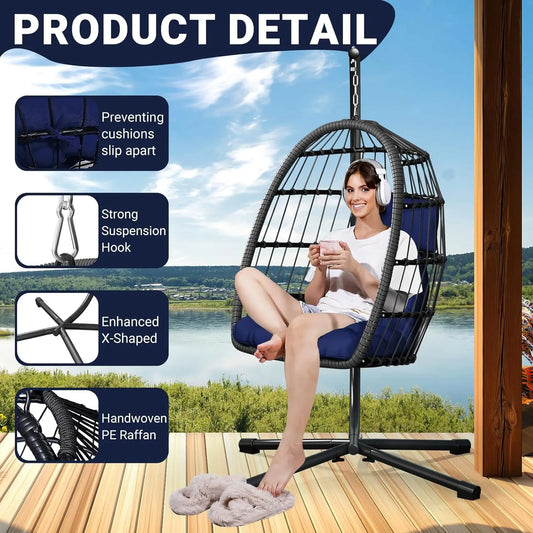 Rattan Wicker Hanging Swing Egg Chair with Stand Hammock Chair Thickened Aluminum for Porch Garden, Customized