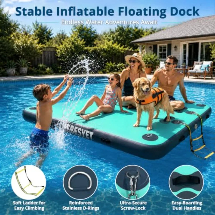 Inflatable Floating Dock Platform For Lake Ocean Swimming Fishing And Pets 6-Inch Reinforced PVC In Blue With Soft Ladder Pump