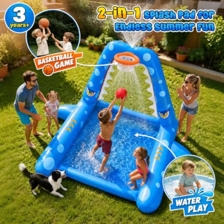 Sprinkler for Outdoor Play, Giant Inflatable Shark Water Toys Splash Pad with Basketball Hoop, Fun Sprinkler Summer Outdoor Gam