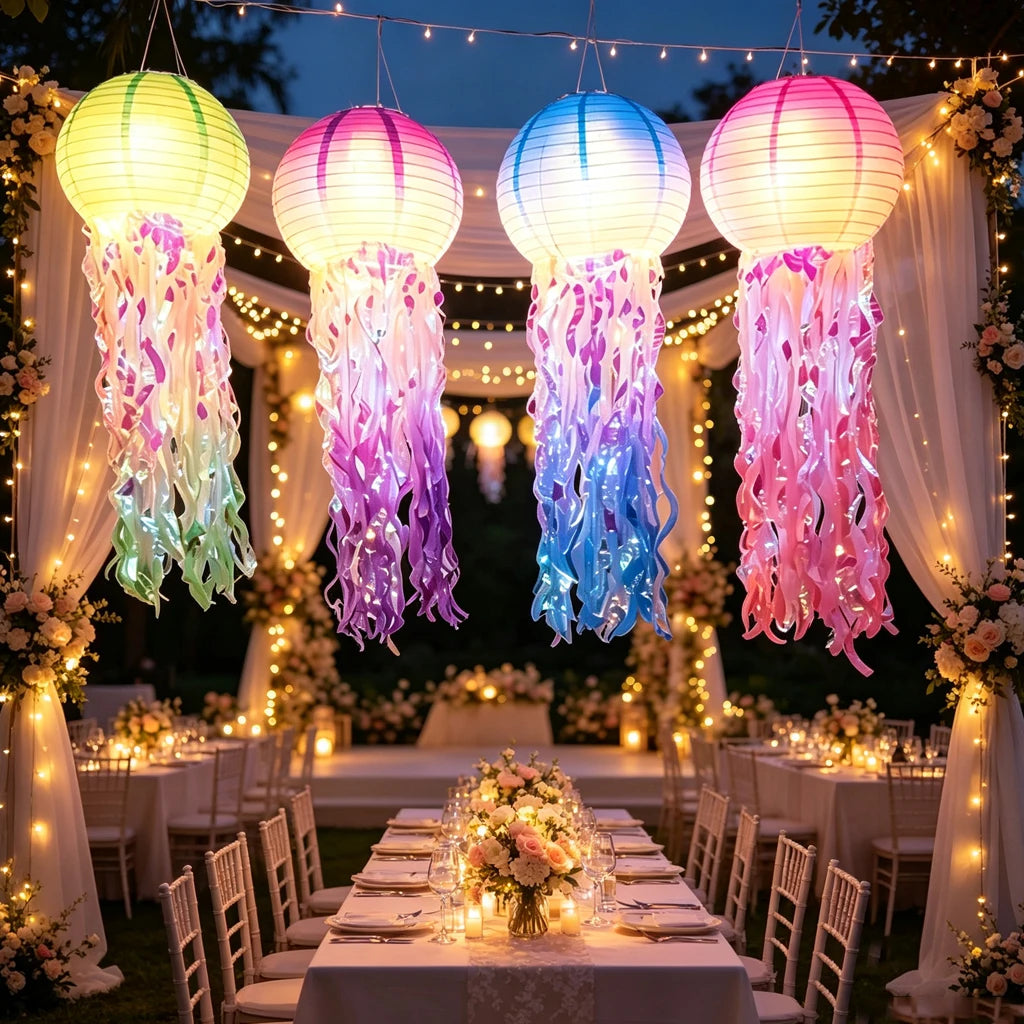 4PCS LED Jellyfish Paper Lanterns with Iridescent Tinsel Tassels, Glow Hanging Mermaid Ocean Themed Party Decor, Glow In Dark Lantern for Birthday, Wedding, Graduation, Under The Sea Party Supplies