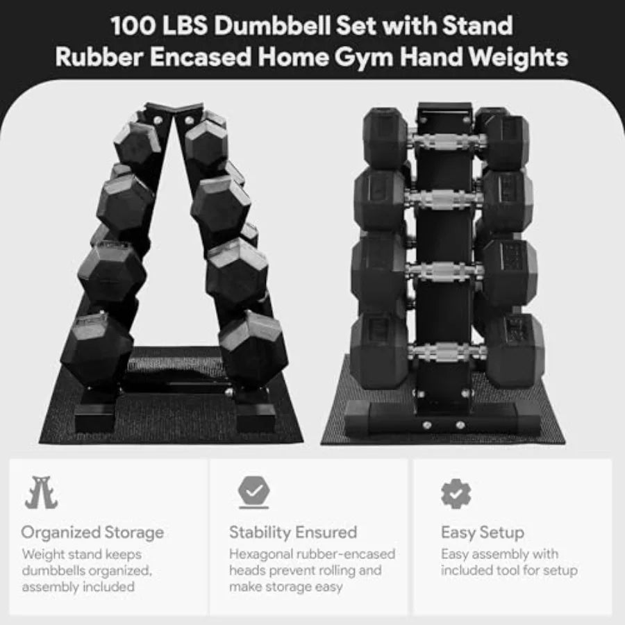 Gym rubber-coated hex dumbbell set with steel rack: 100LB/150LB or 5-20/5-25/10-30 lbs pairs, black finish, non-slip grip, spac