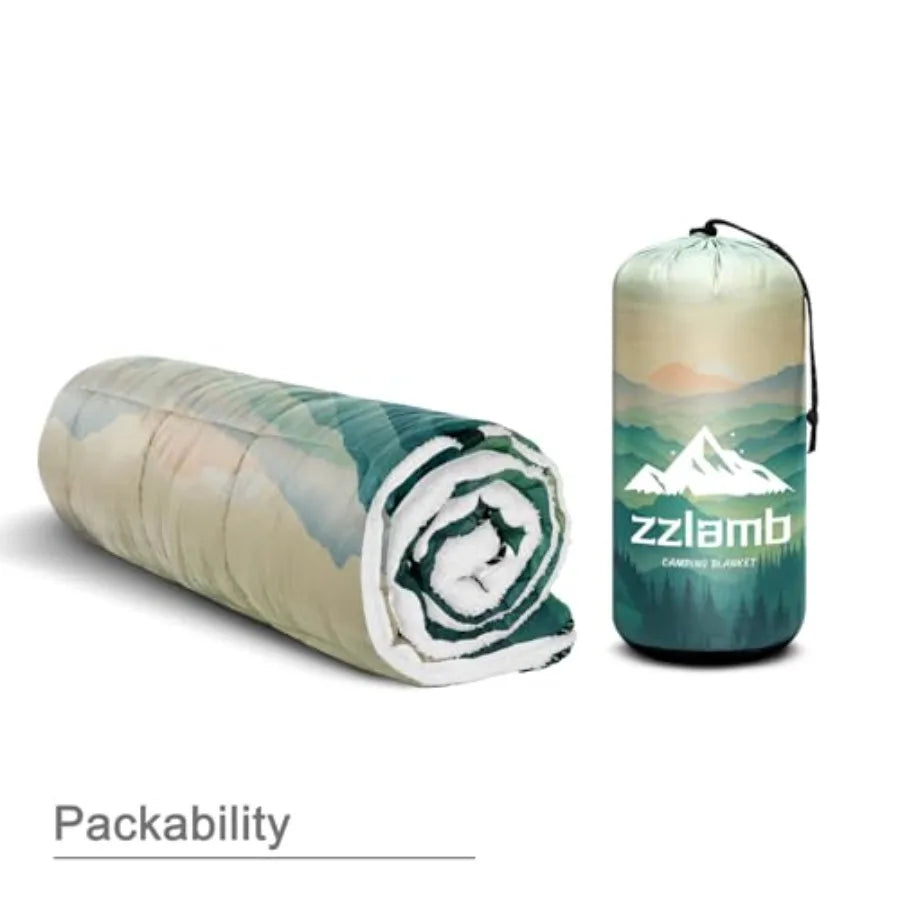 Outdoor Camping Blanket with Sherpa Lining, Puffy Thick Camp Quilt for Sleeping, Packable Warm Wearable Fleece Blankets for Col