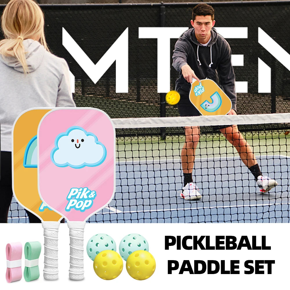 Pickleball Paddle Set with 2 Rackets, 4 Balls, Bag & Grip Tapes  Fiberglass Surface & Polypropylene Core for Control，  Wide Body