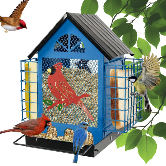 Outside Bird Houses with Double Suet Squirrel-Proof Seeds Tray Cage Refillable Multi-Layer Metal Birdhouse For Outdoor Parks