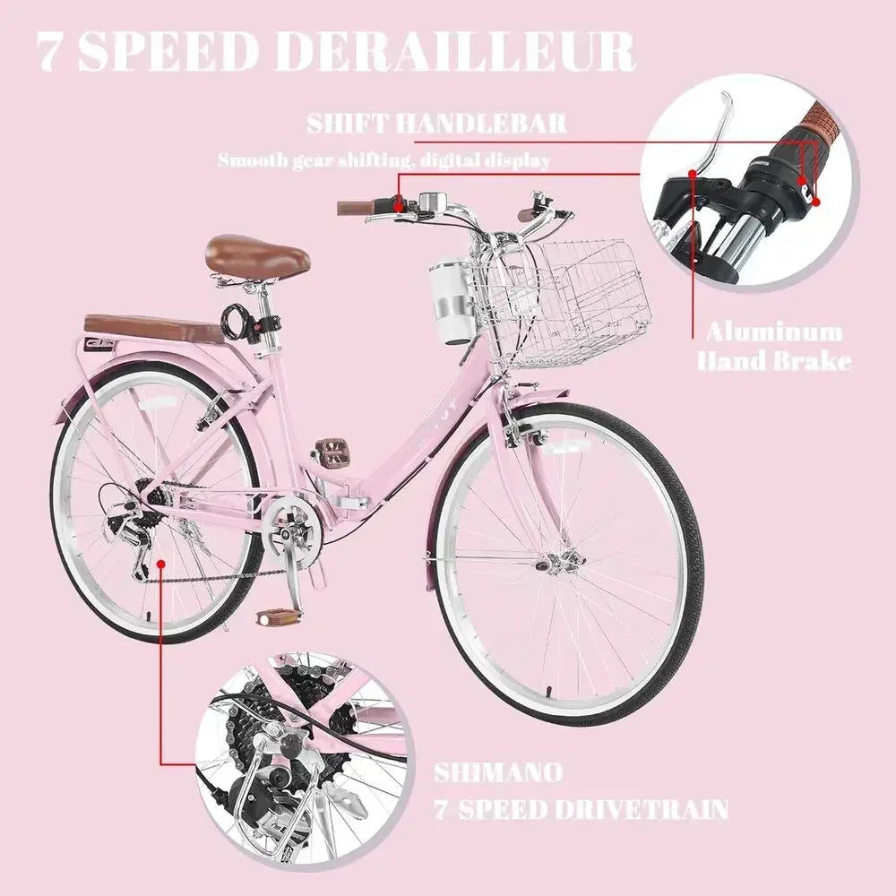 24-26 Inch Adjustable Women's Beach Cruiser Bike with 7-Speed, Basket, and Cup Holder