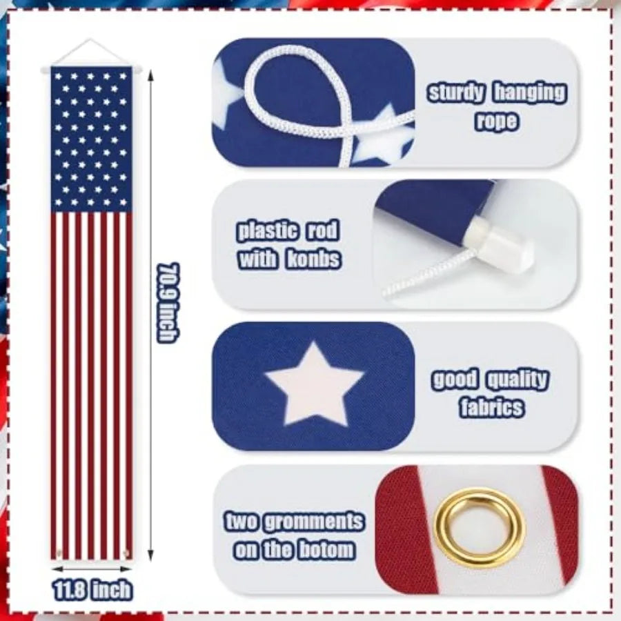 Pair 4th of July Patriotic Porch Banners, American Flag Hanging Decorations for Outdoor Indoor Use, Red White Blue Signs for Me