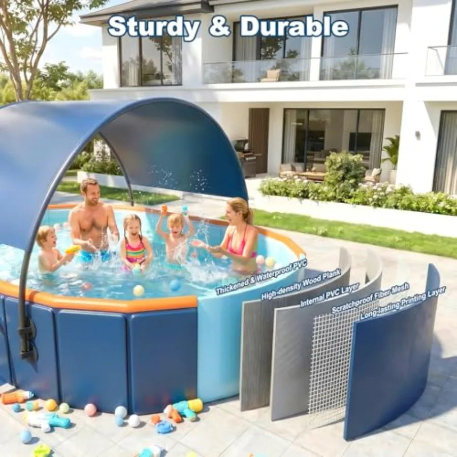 10FT Foldable Pool for Backyard Family Garden, Reinforced Steel Frame with UPF60+ Canopy, Blue and Gray, Easy Setup and Compact