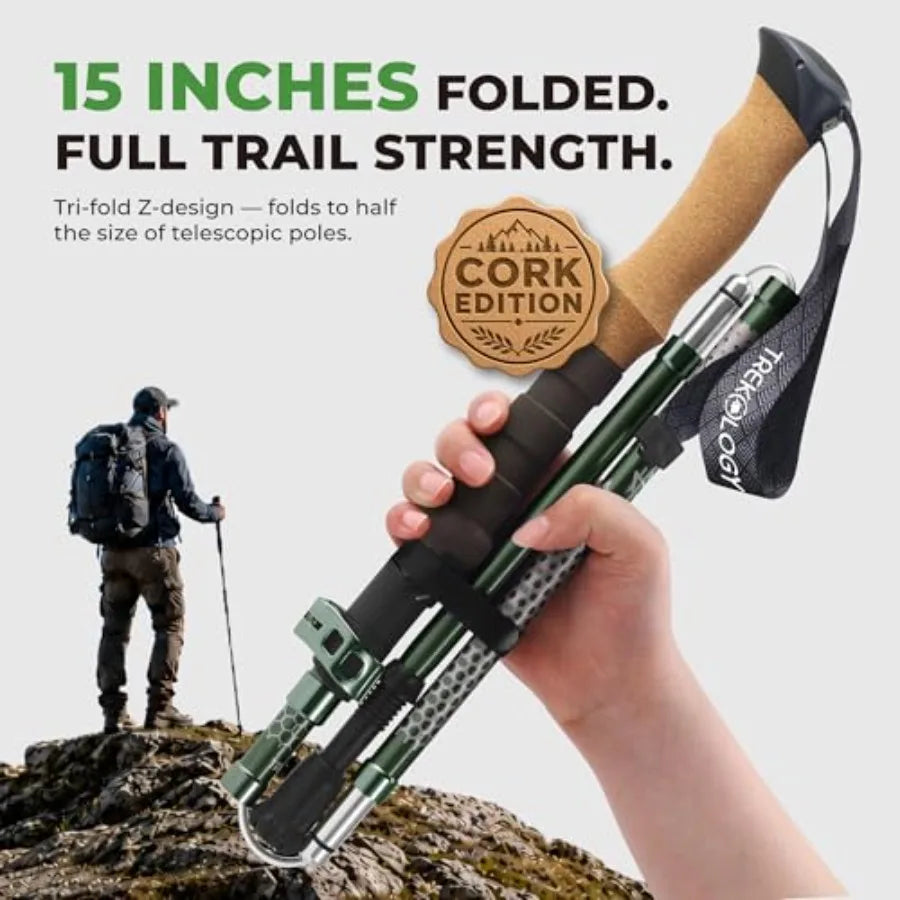 Trek-Z 2.0 Cork Trekking Pole Set - Hiking Poles Collapsible Lightweight Folding Walking Stick, 7075 Aluminum Collapsible Walki