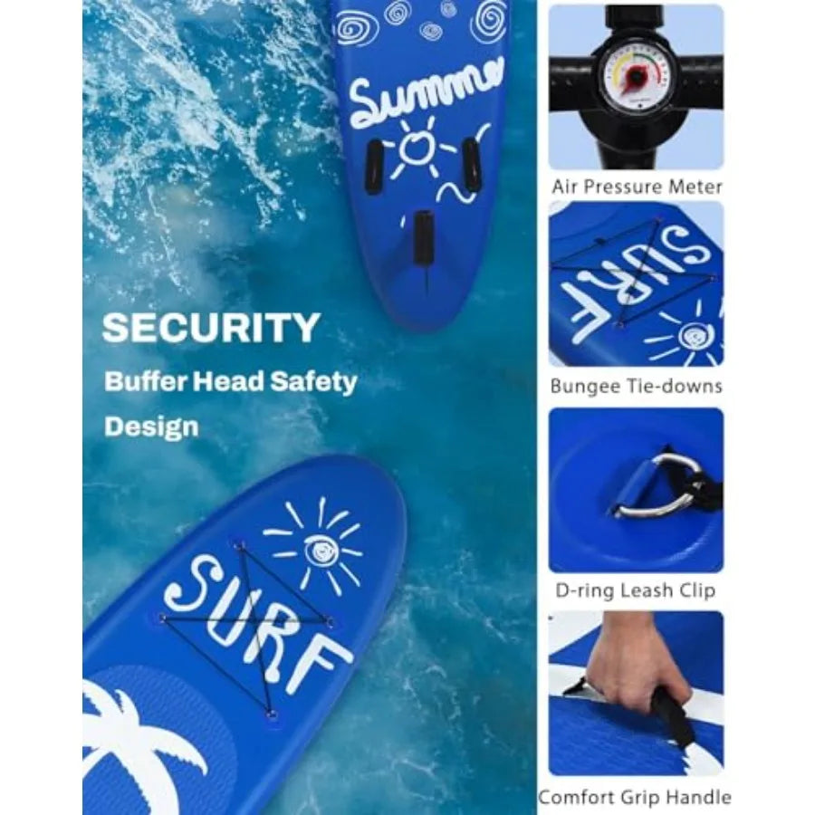 SURF Pattern Inflatable Upright Paddle Board for Adults and Teenagers Lightweight PVC Material Blue-Gray Includes Detachable Fi