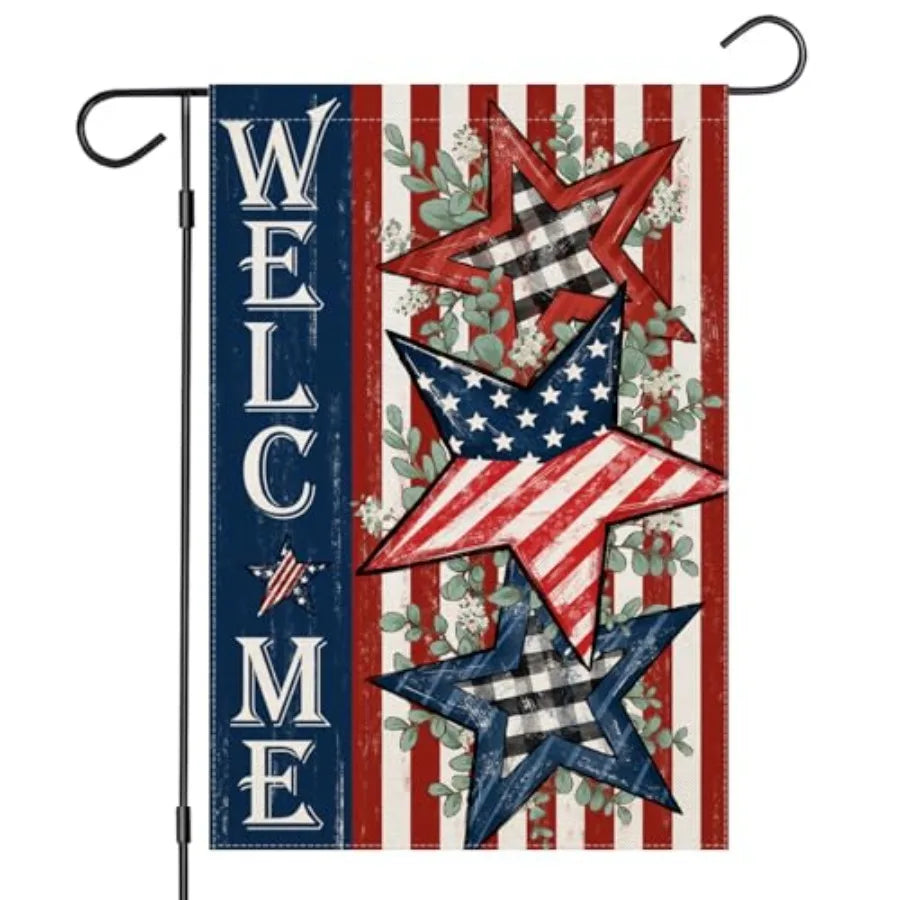 Welcome 4th of July Garden Flags Double Sided, Patriotic American Stars and Stripes Small Summer Decoration for Holiday Yard Me