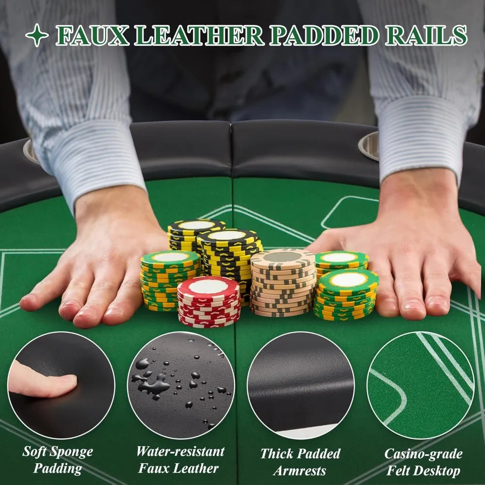 8 Players Poker Table Foldable, Round Casino Texas Holdem Table with Stainless Steel Cup Holders & Faux Leather Padded