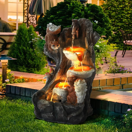 Outdoor Water Fountain, Garden Decor Outside Indoor Waterfall Cascading Rock Fountain with Retro Decorative Faucet