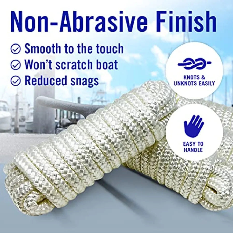 Dock Lines for Boats 4 Pack Double Braided Nylon Boat Rope with 12" Loop Marine Grade Mooring Line for Docking White