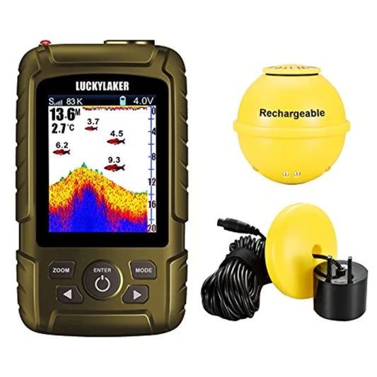 Kayak and ice fishing transducer: waterproof wireless handheld sonar depth finder with wired sensor, black ABS plastic housing,