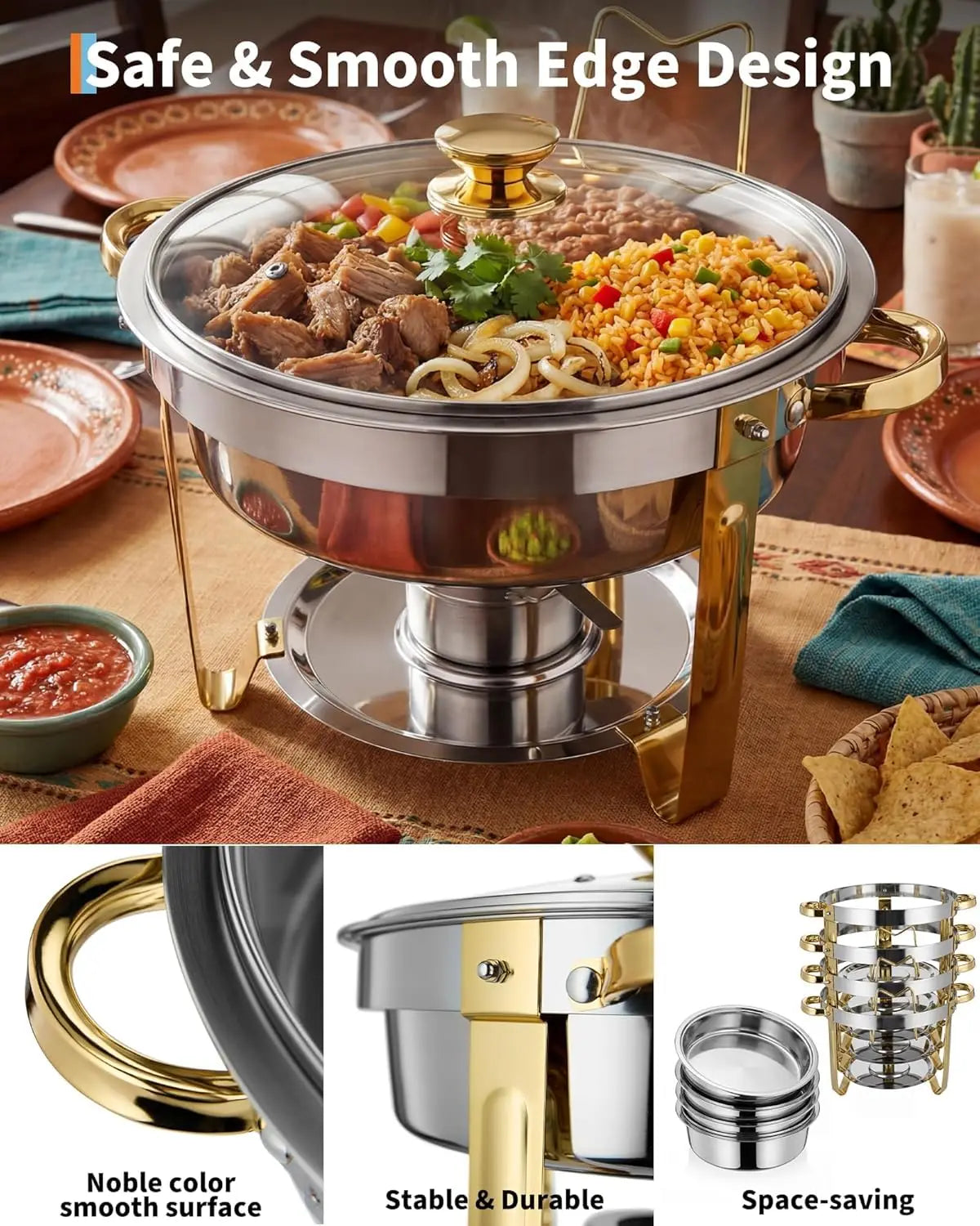 2/4-Pack Round Chafing Dish Food Warmer Stainless Steel Buffet Server with Transparent Lid Fuel Holder Gold Chafer for Wedding