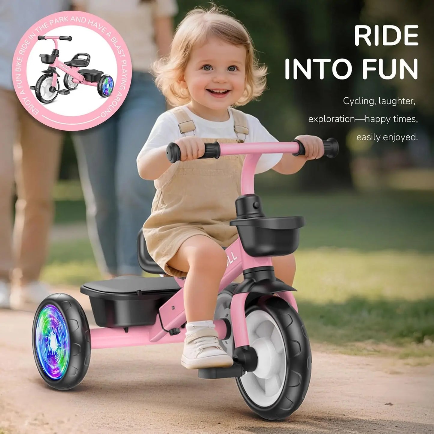 Adjustable Toddler Tricycle for 2-5 Year Olds, Light-Up Wheels Outdoor Toy, Birthday Gift for Girls Age 2-4