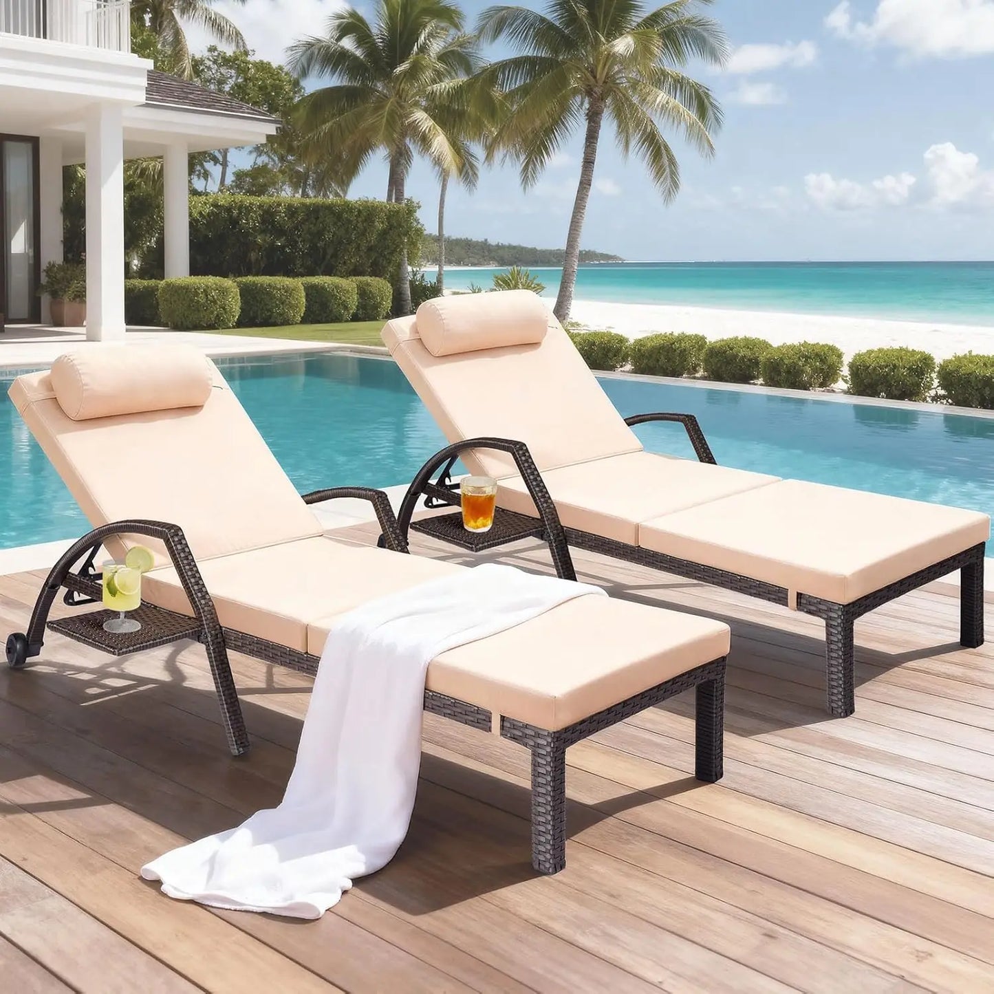 Patio Chaise Lounge Chairs Set of 2 Wicker Pool Lounge Chairs Outdoor with 5 Adjustable Back & Removable Cushion &, Customized