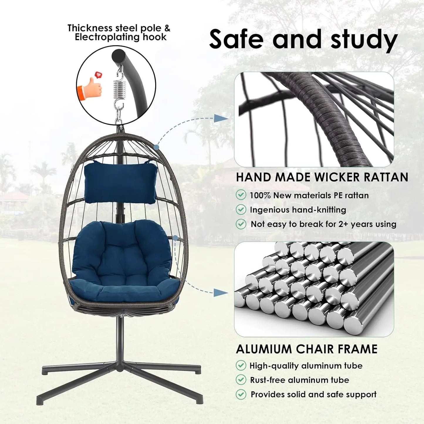 Egg Chair with Stand - Hanging Swing Egg Chair Rattan Wicker Patio Hammock Chair for Indoor Outdoor Bedroom - Rusty, Customized