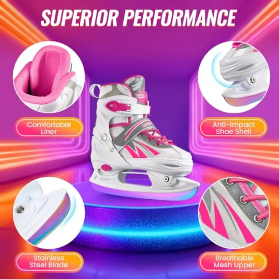 Adjustable Ice Skates for Girls Boys, 4 Size Adjustable Beginner Ice Hockey Skates for Youths Teen, Warm Ice Skating Shoes with