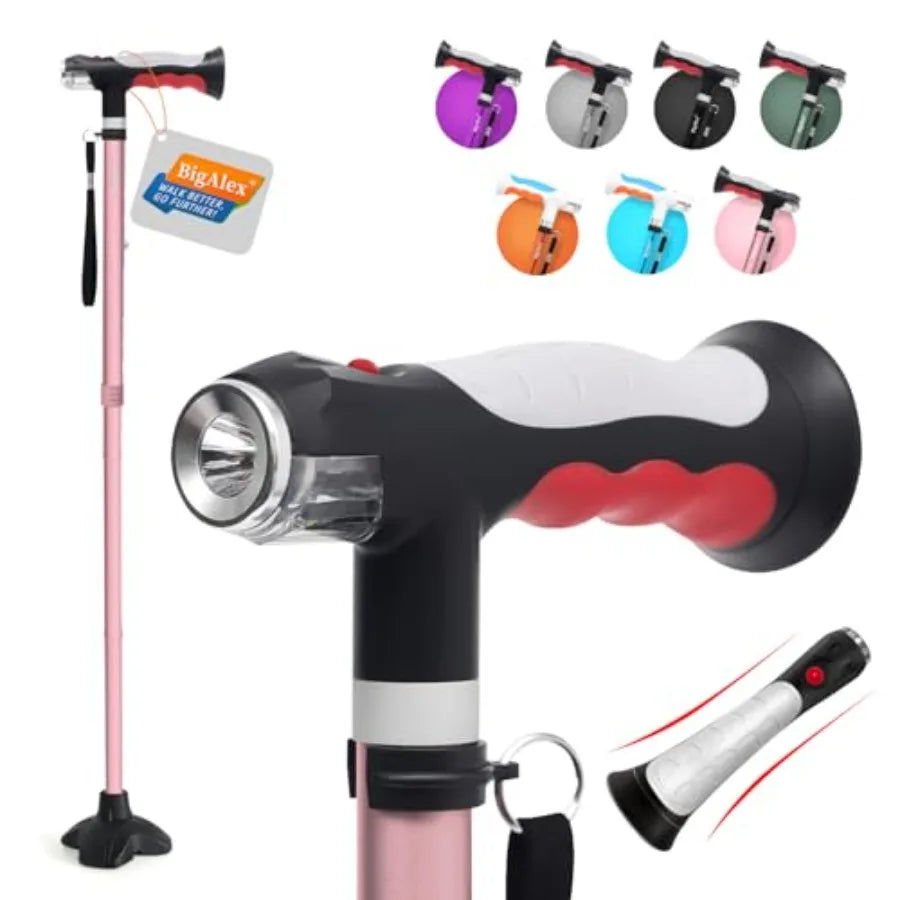 Folding Walking Cane with Two Led Lights for Elderly Solid Base Adjustable Walking Stick with Carrying Bag for Men Women