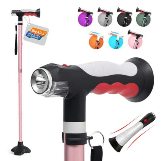 Folding Walking Cane with Two Led Lights for Elderly Solid Base Adjustable Walking Stick with Carrying Bag for Men Women