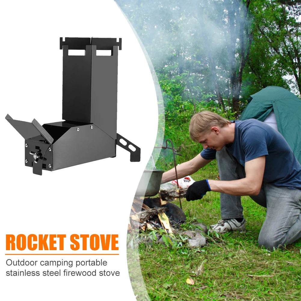 Outdoor Camping Stainless Steel Rocket Wood Stove Picnic Hiking Cooking Furnace