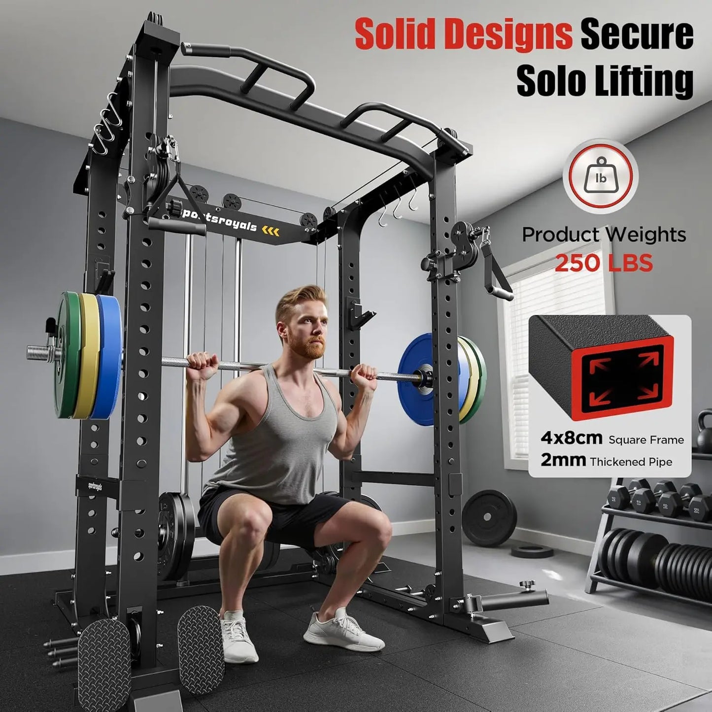 Squat Rack, LAT Power Cage, Power Rack Multi-Function with Pulley System and Training Attachments for Home Gym, Customized