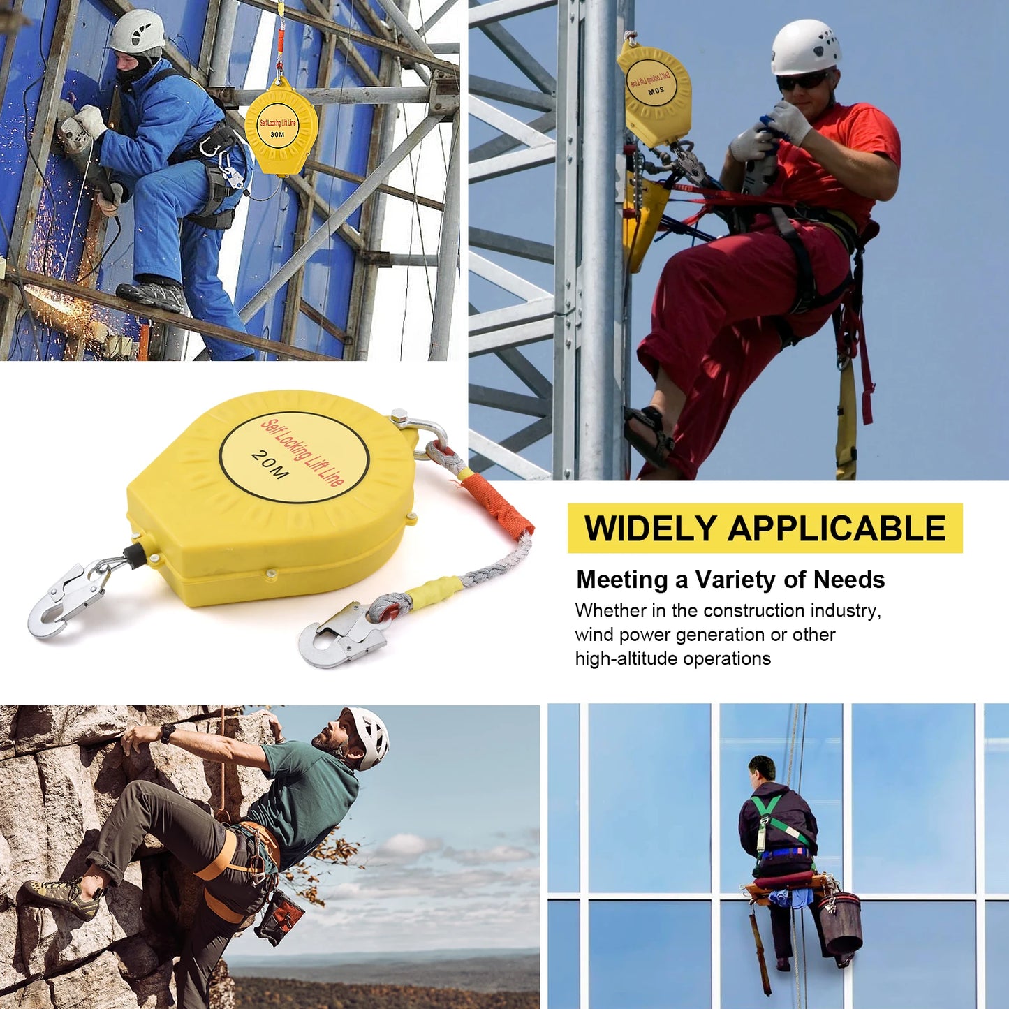 Automatic Retractable Lifeline 65ft/20m, 330lbs Load Fall Protection with Alloy Steel Hook and Nylon Rope for Climbing Safety