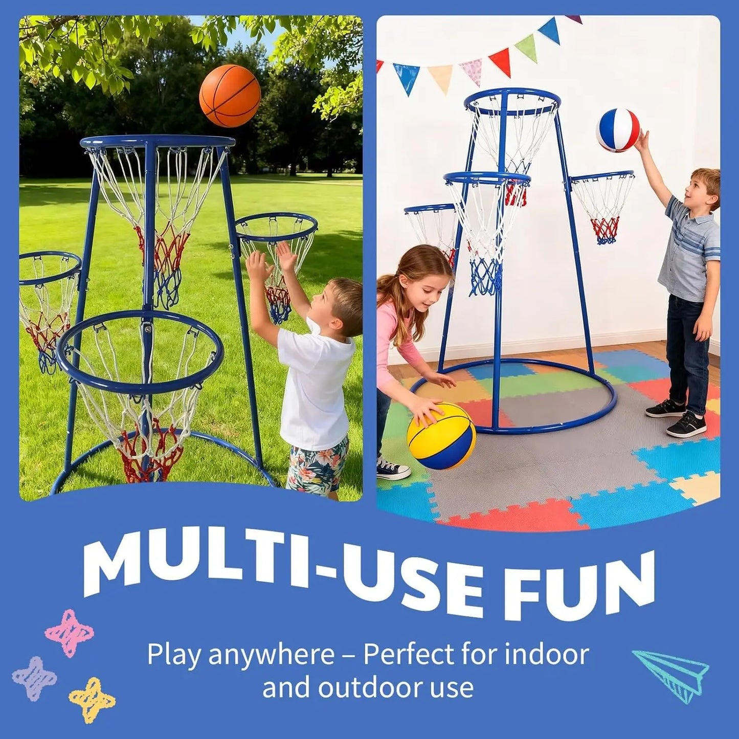 Kids Basketball Hoop Set with 4 Hoops, Basketball Game with Ball Return Net, 4 Balls & Pump Included, Fun Sports Toy for Ages 3+