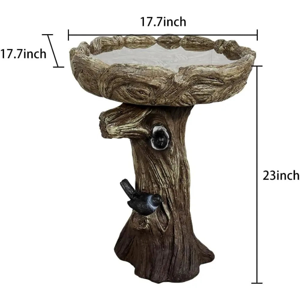 23” Tall Fibre Reinforced Concrete Birdbaths with Birds for Patio, Woodland Tree Trunk Decorative Outdoor Bird Bath