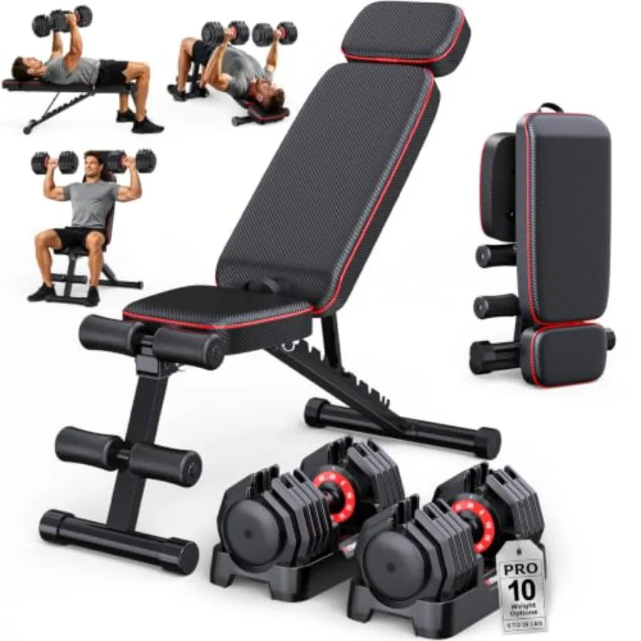 Adjustable Dumbbell Set with Workout Bench at Home