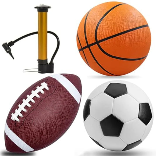 3-Piece Sports Balls Set Includes Size 5 Basketball Size 4 Soccer Ball Size 6 Football and Pump Sports Equipment Perfect Sports