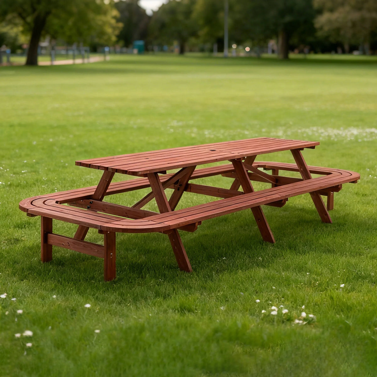 8 FT Wooden Picnic Table with Benches 14-16 Person Outdoor Patio Dining Set Large Rectangular Garden Table with Umbrella Hole Brown