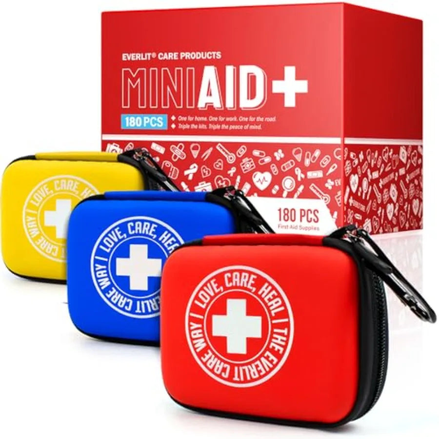 Mini-Aid First Aid Kit Compact and Lightweight Case with Carabiners for Travel Family and Kid Friendly 180 Pcs Wound Care plies