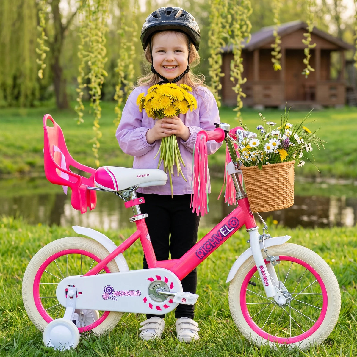 Kids Bike for Girls Ages 2-7 Years Old, 12 14 16 Inch Kids Bicycle with Training Wheels, Doll Seat, Streamers and Basket, Toddler Girl Bicycle with Coaster Brake and C-Brake, Birthday Gift