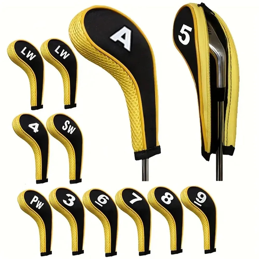 Complete Golf Club Protection Set – 12 Neoprene Covers with Number Print Zippered Driver Head & Long Neck for All Irons