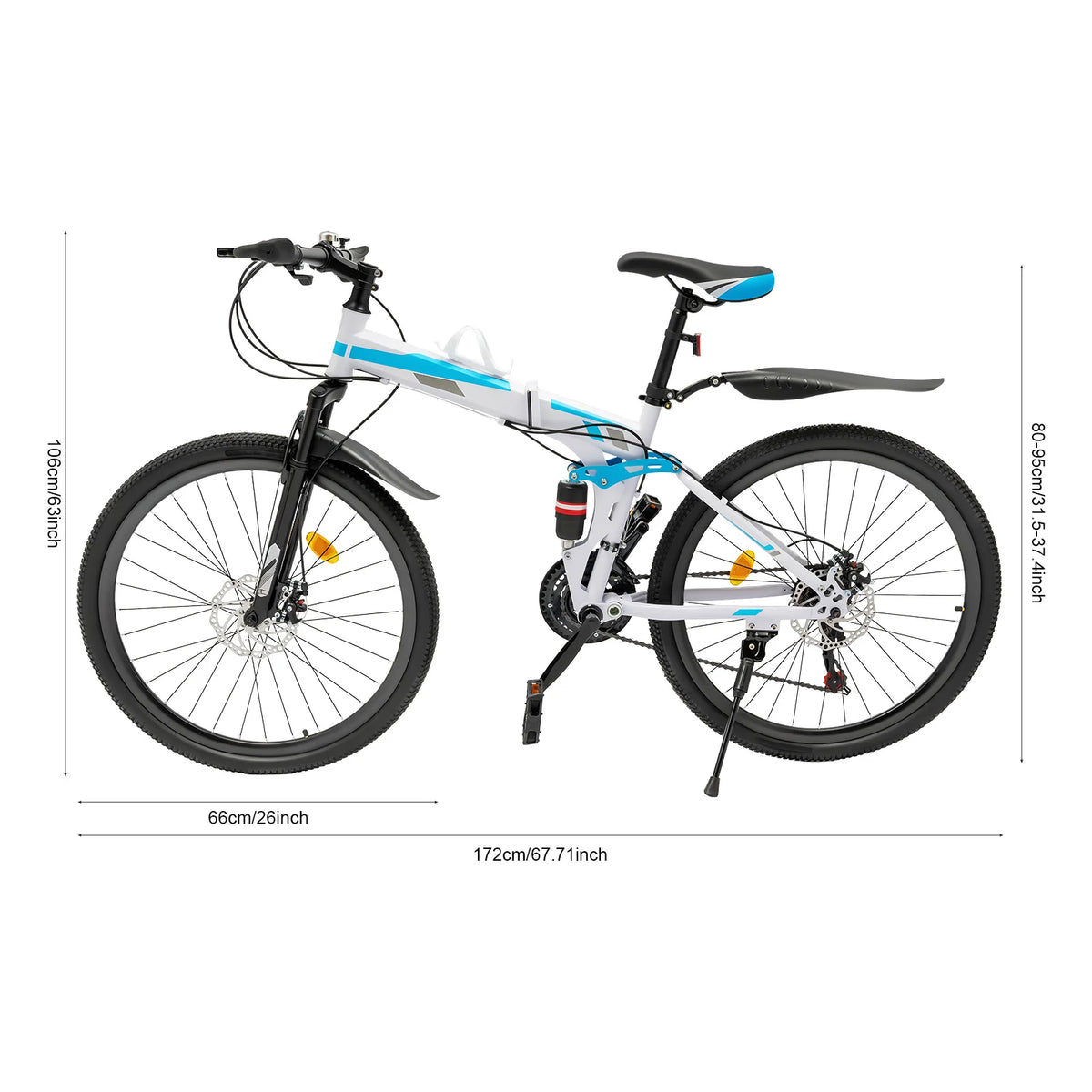 Mountain Bike, Folding Bicycle, Foldable Mountain Bike, 26 Inch 21 Speed High Carbon Steel, Double Disc Brake, Blue White, Easy Assembly, Shock Absorber, Anti-Rust Durable Frame, Outdoor Off-Road Commuter, Compact Storage, Me
