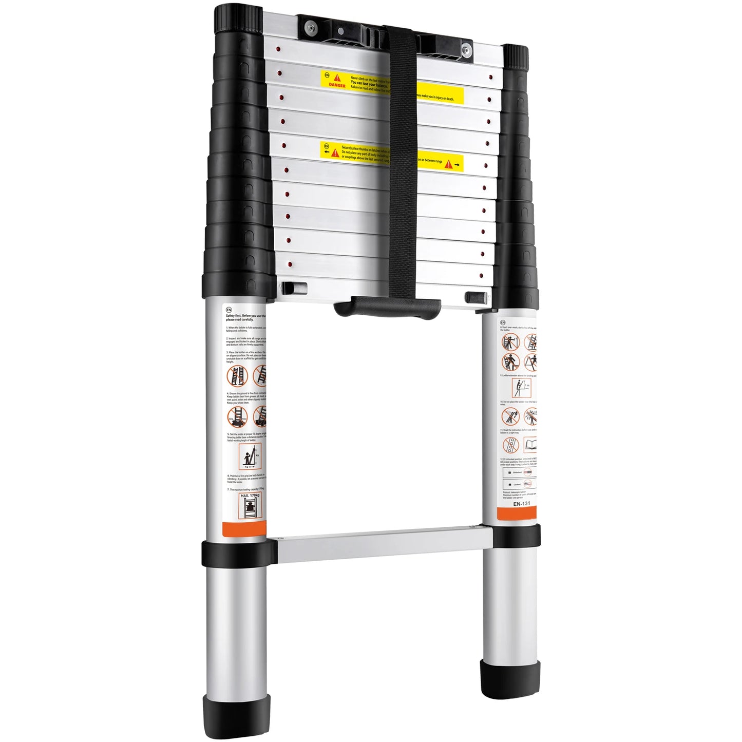 Telescoping Ladder 12.5 FT Aluminum One-Button Retraction Collapsible Extension 375 LBS Capacity w/Non-Slip for Home RV