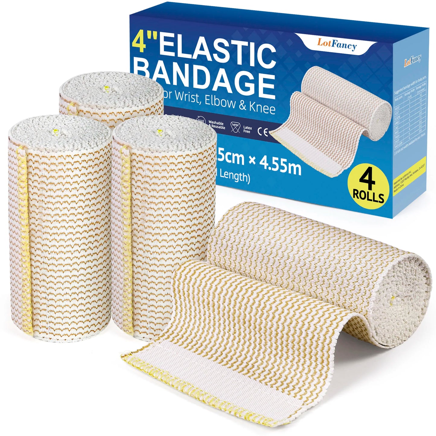 Elastic Bandage Wrap, 4"x 15 Feet, 4 Pack Cotton Compression Bandages with Self-Closure on Both Ends, Support First Aid