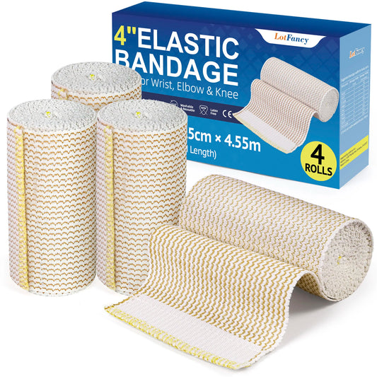 Elastic Bandage Wrap, 4"x 15 Feet, 4 Pack Cotton Compression Bandages with Self-Closure on Both Ends, Support First Aid