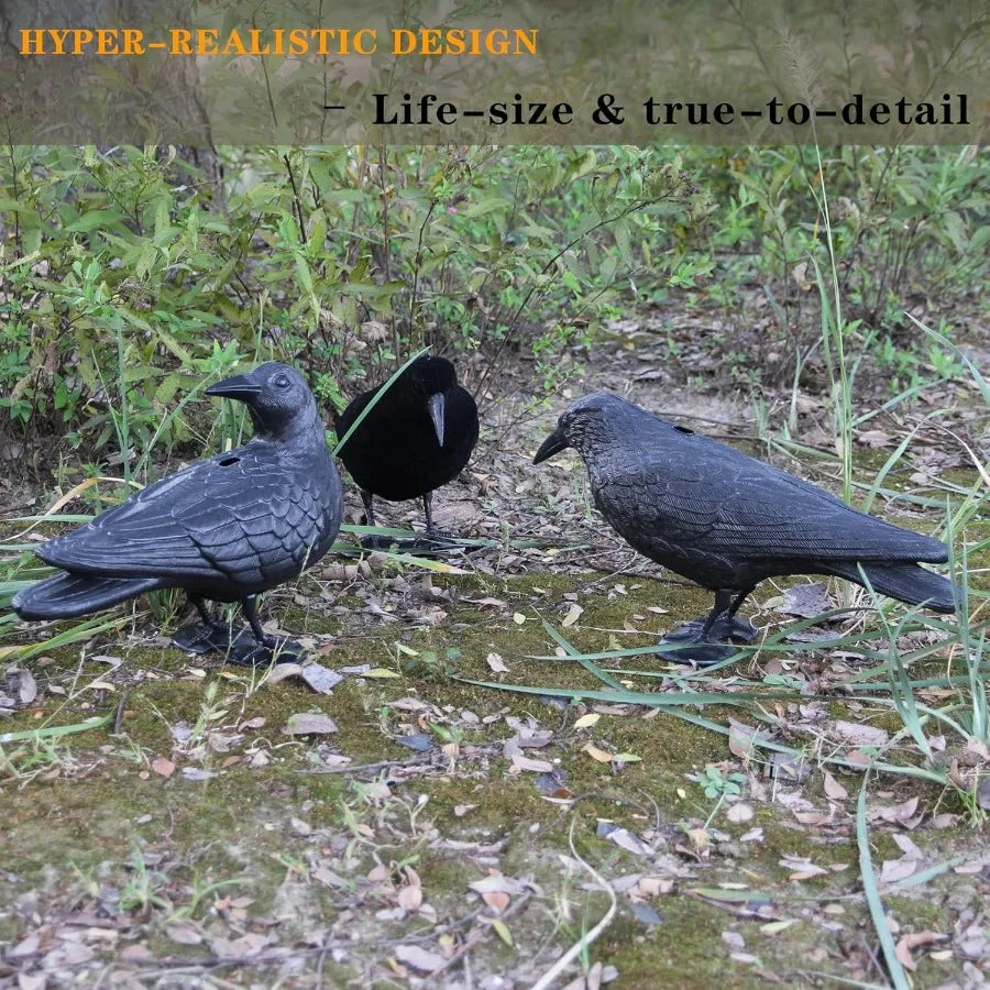GUGULUZA Crow Decoys Full Body Plastic Crow Decoy for Hunting Black Flocked Crow Decoy w/Feet Stake for Halloween Decor Yard Ga