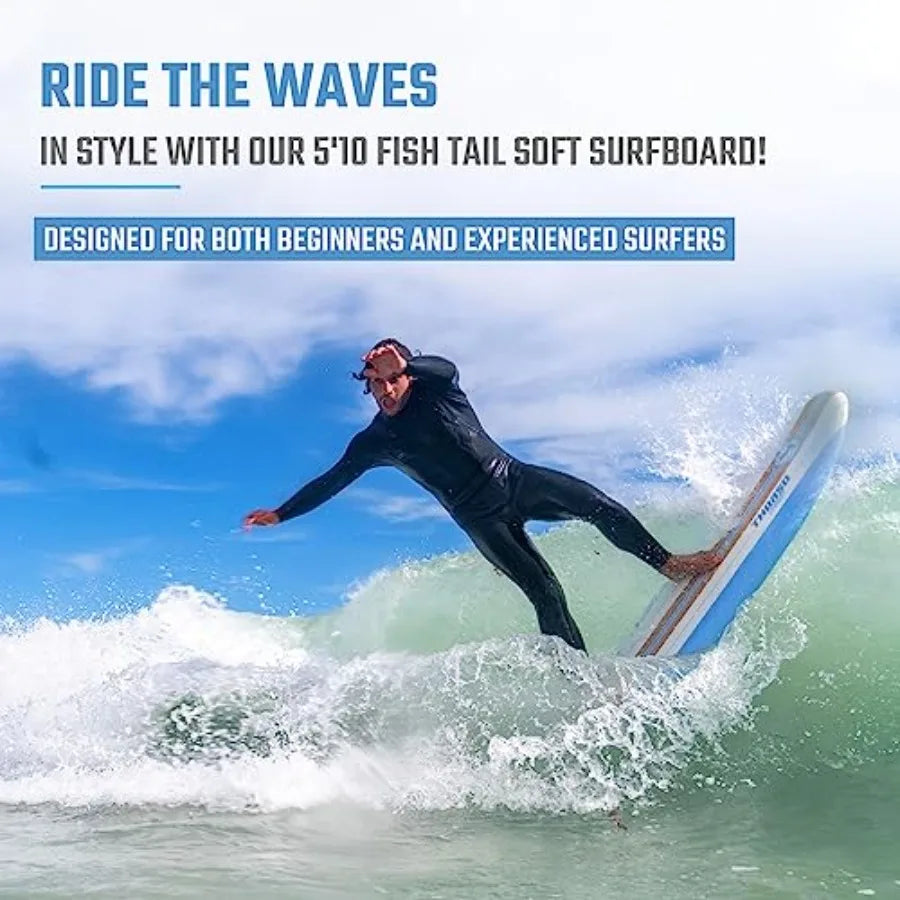 5'10'' Soft Top Foam Surfboard Fish for Adults with Twin Fins Double Swivel Leash EPS Core IXPE Deck HDPE Slick Bottom Non-Slip