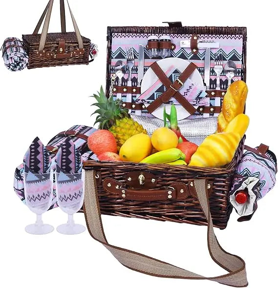 neti neti wicker picnic basket for 2 boho with insulated cooler & waterproof blanket – large willow picnic hamper for outdoor, c