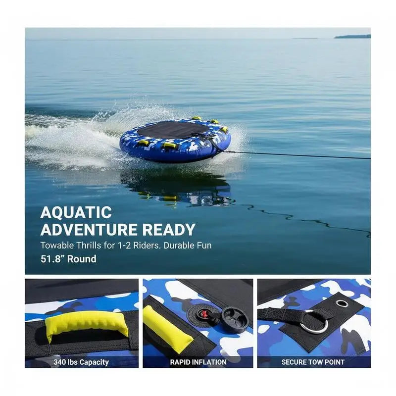 Inflatable Water Sled 51.8" For Lake River Ocean, 1-2 Person Capacity 340lbs Load Round Heavy Duty Nylon Cover EVA Foam Handles Speed Safety Valve
