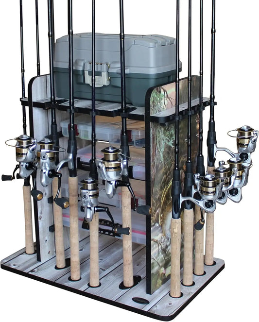 Fishing Rod Holder for 14 Rods with Tackle Box Storage, Organize Fishing Gear in Garage or Boat